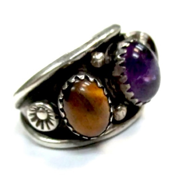 Signed - Mike Platero, Navajo Vintage Amethyst Tigers Eye Sterling Silver Ring - Picture 2 of 5